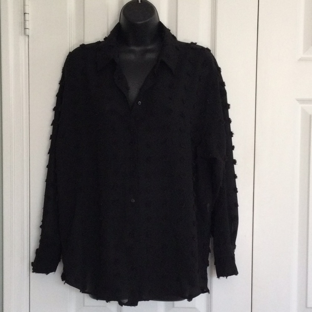 Zara Black Textured Chiffon Button-Up Blouse